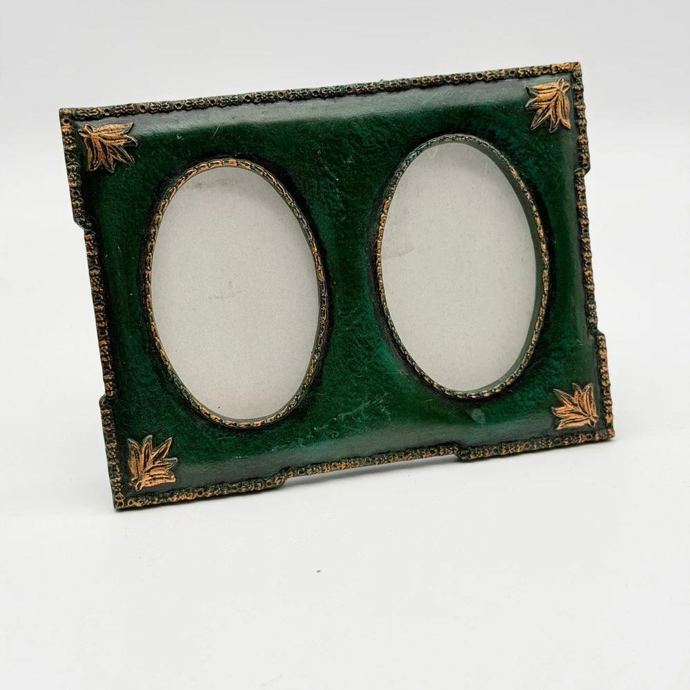 Vintage Style Hunter Green Bronze Double Oval Picture Frame Ornate Leaf Detail